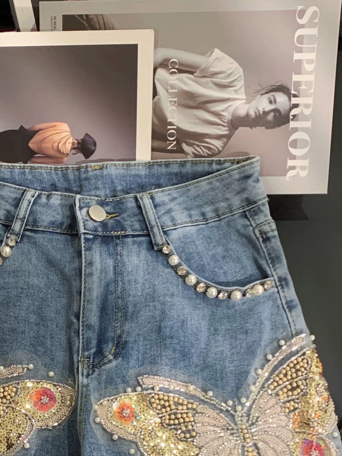 ZHOUYI/Monday: Women's High-Waisted Slimming Frayed Hem Denim Shorts with Design-Style Heavy-Duty Butterfly Beaded Embroidery.