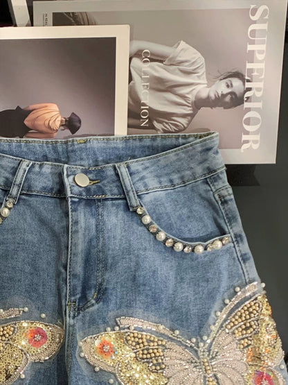 ZHOUYI/Monday: Women's High-Waisted Slimming Frayed Hem Denim Shorts with Design-Style Heavy-Duty Butterfly Beaded Embroidery.