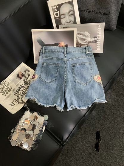 ZHOUYI/Monday: Women's High-Waisted Slimming Frayed Hem Denim Shorts with Design-Style Heavy-Duty Butterfly Beaded Embroidery.
