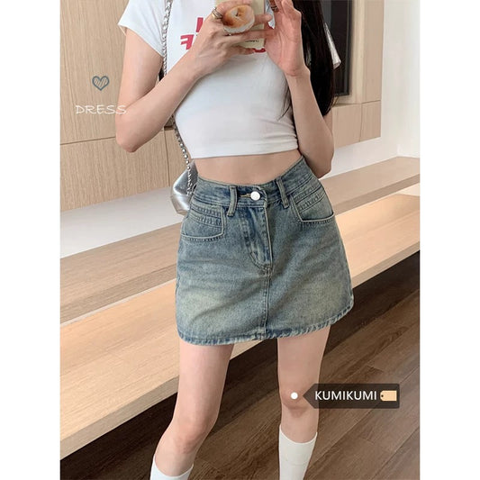 Retro washed blue denim skirt for women Spring high waist slim anti-exposure hip skirt A-line short skirt