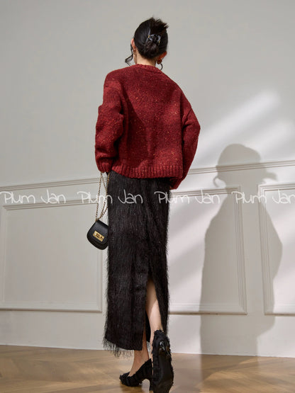 Plum Jan/Christmas-themed outfit: Red bow-tie round neck red knit sweater for winter women.