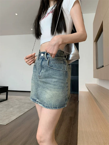 Retro washed blue denim skirt for women Spring high waist slim anti-exposure hip skirt A-line short skirt