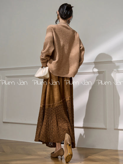 Plum Jam/Korean Style Gentle and Pretty Embroidered Knit Top for Women, New Arrival 25, Elegant and Versatile Camel Round Neck Top