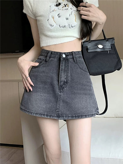 PPHOME small high waist A-line denim skirt female summer retro washed hip skirt anti-exposure short skirt