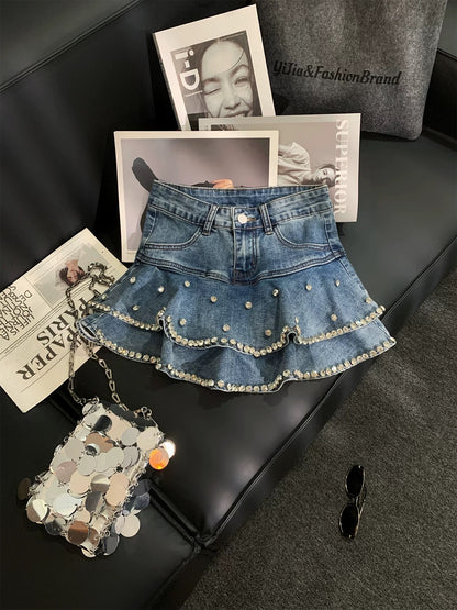 ZHOUYI/Monday 2026 Super Popular Age-Reducing Denim Ruffle Skirt High-Waisted A-Line Cake Skirt Slimming Mini Skirt
