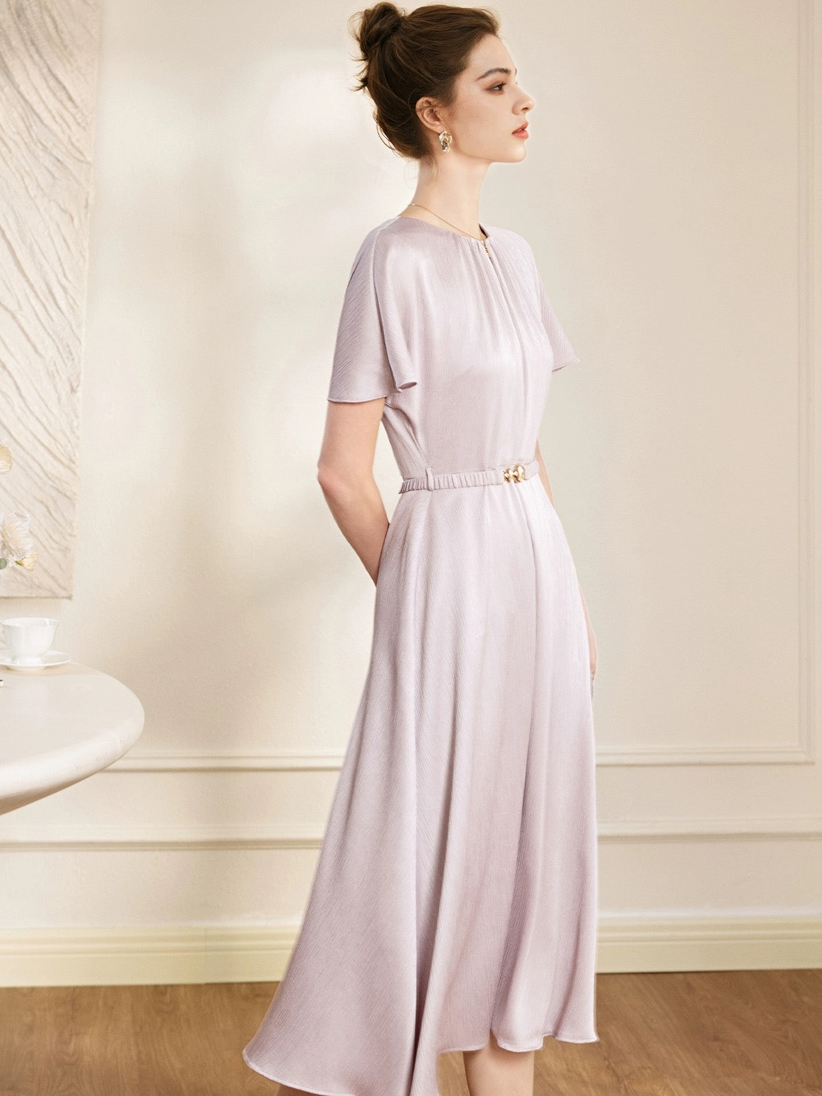 Luo Yi Elegant Swing Lace Dress Women 2024 Summer New Fashion Lavender Satin Skirt 10340
