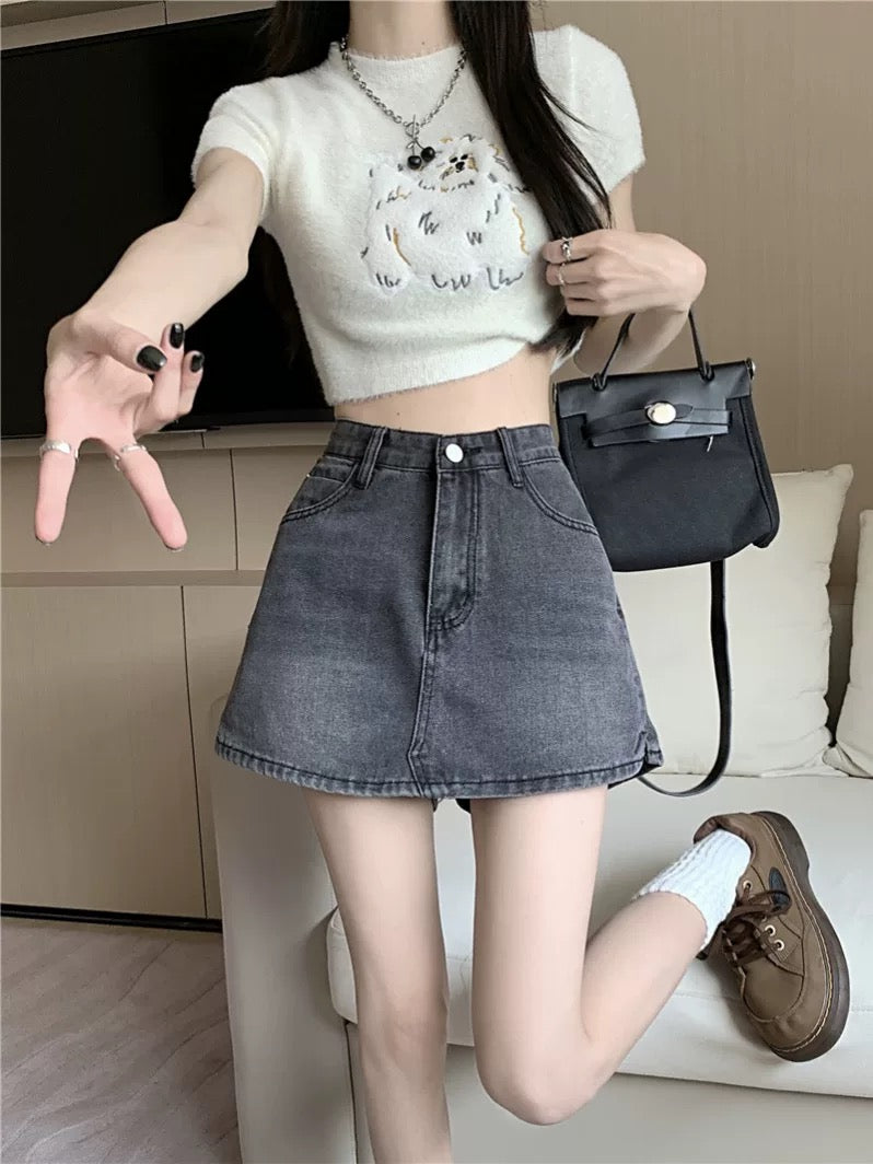 PPHOME small high waist A-line denim skirt female summer retro washed hip skirt anti-exposure short skirt