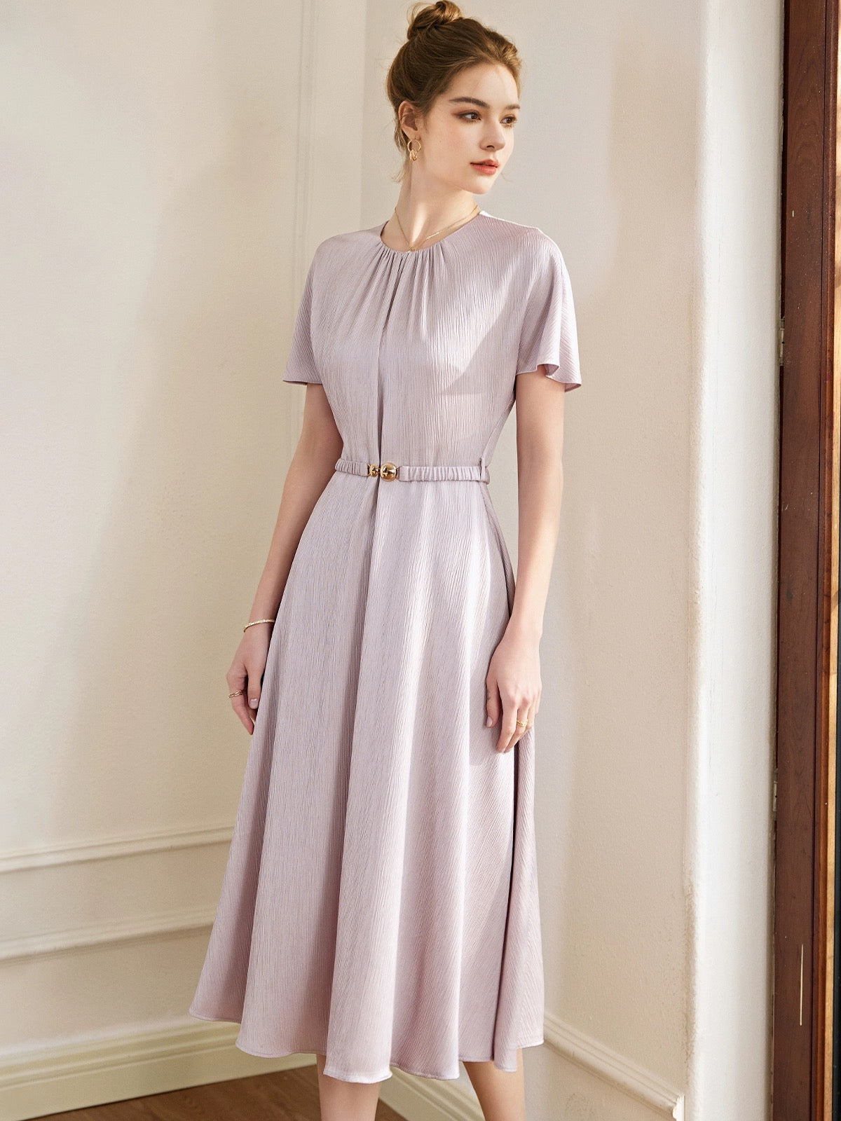 Luo Yi Elegant Swing Lace Dress Women 2024 Summer New Fashion Lavender Satin Skirt 10340