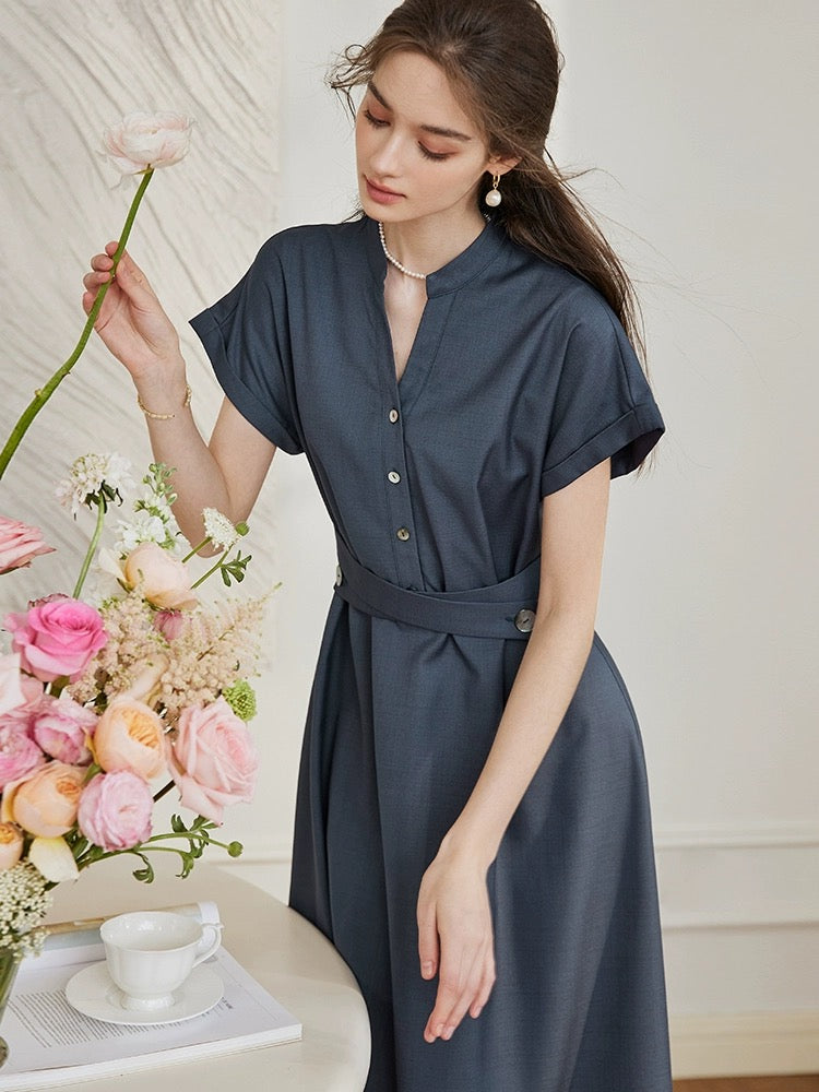 Luo Yi Fashion Commuting Dark Blue Dress Women's 2024 Spring and Summer New Elegant Lace-up Swing Skirt 10222