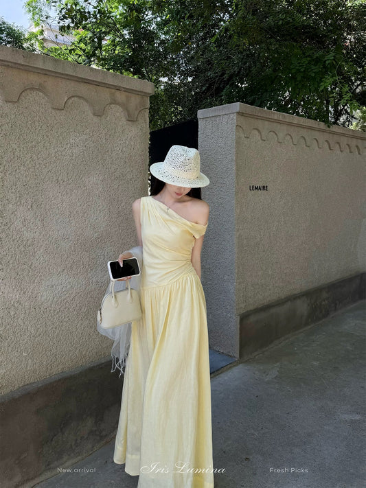 Iris Lumina Shuyao [Milan Buyer] One-shoulder dress, elegant and sophisticated Tencel linen maxi dress for summer.