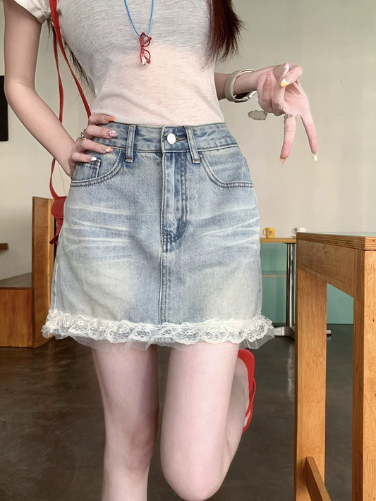 Kumikumi retro design lace stitching denim skirt women's summer high waist blue A-line skirt short skirt