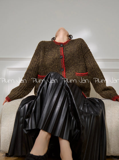 Plum Jan/American Retro Color Block Round Neck Knit Cardigan for Women, Autumn/Winter 2025, Lazy Style, Soft and Cozy Sweater Jacket