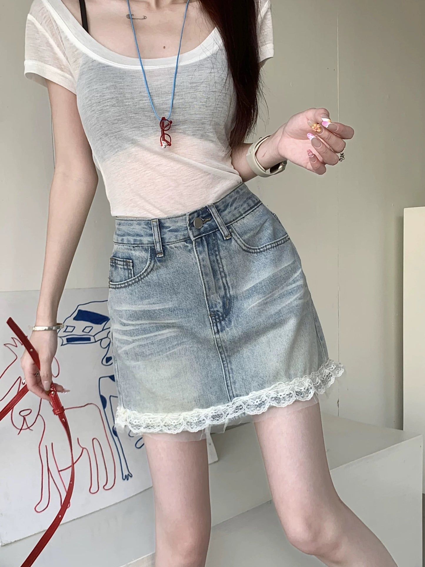 Kumikumi retro design lace stitching denim skirt women's summer high waist blue A-line skirt short skirt