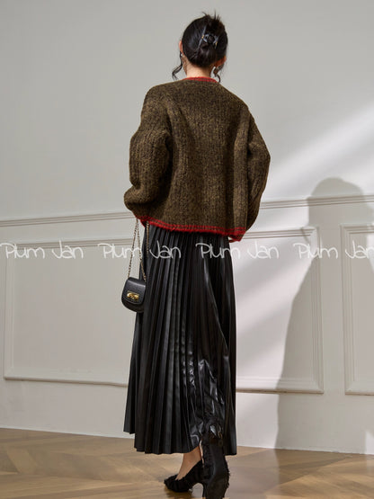 Plum Jan/American Retro Color Block Round Neck Knit Cardigan for Women, Autumn/Winter 2025, Lazy Style, Soft and Cozy Sweater Jacket