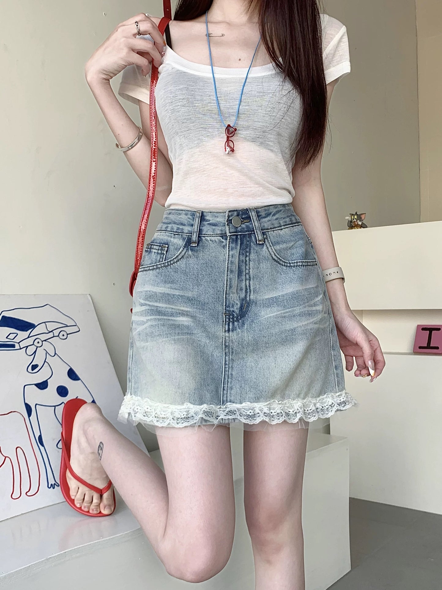 Kumikumi retro design lace stitching denim skirt women's summer high waist blue A-line skirt short skirt