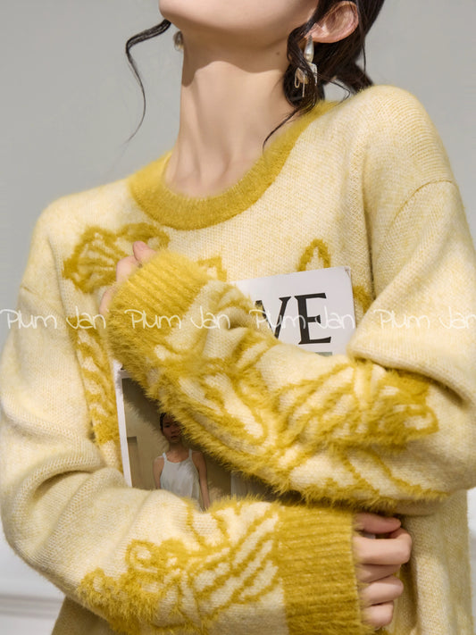 Plum Jan/Unique and beautiful new winter jacquard heavy-duty design yellow knit top for women