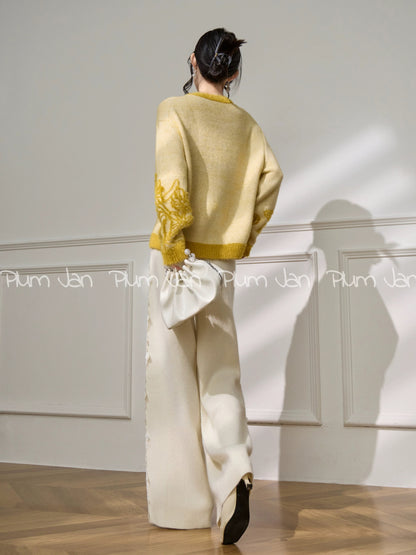 Plum Jan/Unique and beautiful new winter jacquard heavy-duty design yellow knit top for women