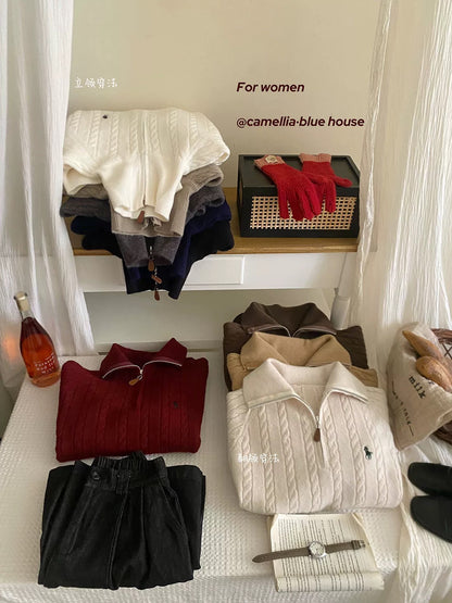 Korean style retro cable knit half-zip stand collar sweater for women, autumn and winter, small embroidery, casual and versatile pullover knit top
