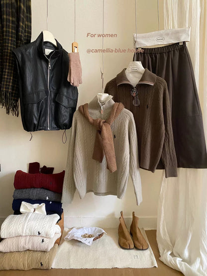Korean style retro cable knit half-zip stand collar sweater for women, autumn and winter, small embroidery, casual and versatile pullover knit top