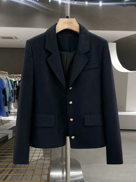 Navy blue street-blasting college style suit jacket for women 2025 new spring and autumn French lady slim suit