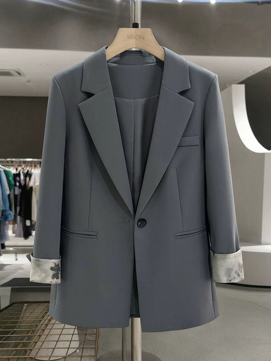 Gray retro professional suit jacket for women 2025 new spring and autumn cuffs Chinese style printing Internet celebrity hot-selling suit