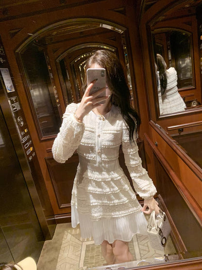 Fish Rabbit's Rabbit French White Lace Splicing Dress Women's Spring and Autumn New Design Cake Skirt
