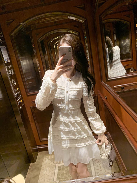 Fish Rabbit's Rabbit French White Lace Splicing Dress Women's Spring and Autumn New Design Cake Skirt