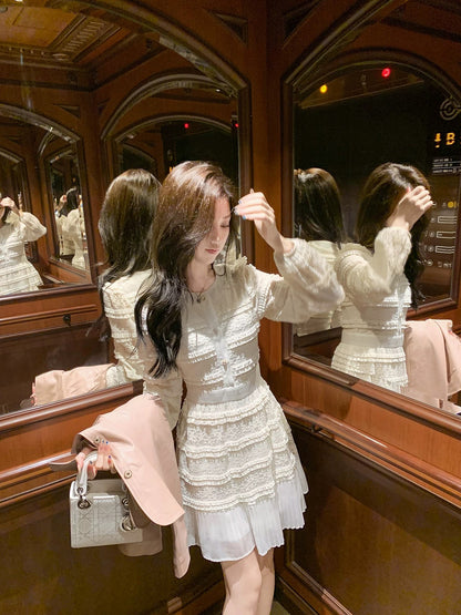 Fish Rabbit's Rabbit French White Lace Splicing Dress Women's Spring and Autumn New Design Cake Skirt