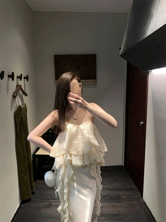 Tongse | Zhaohua suspender, an irregular halterneck top with a fairy-like feel, a holiday backless suspender vest