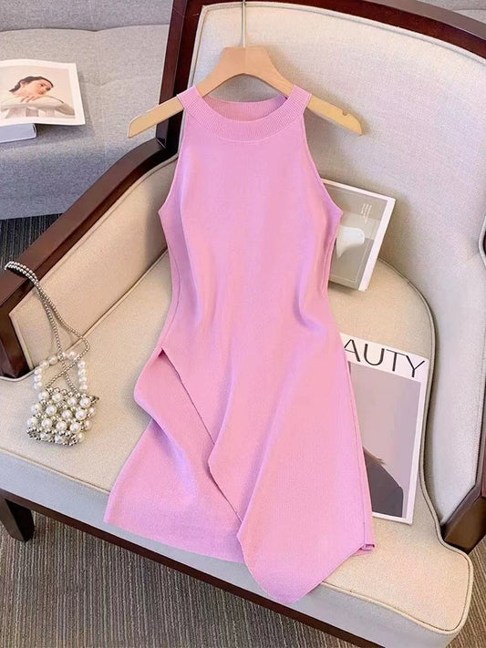 Discounted cut-off label single, sweet style, off-shoulder halter neck, irregular bevel design, sleeveless dress for summer women