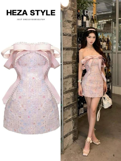 HEZA plus-size sweet bow sequined dress, elegant and sophisticated pink birthday gown.