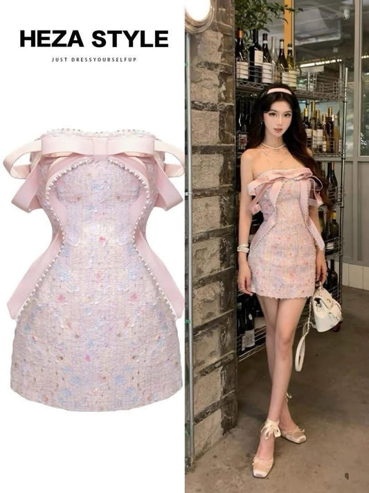 HEZA plus-size sweet bow sequined dress, elegant and sophisticated pink birthday gown.