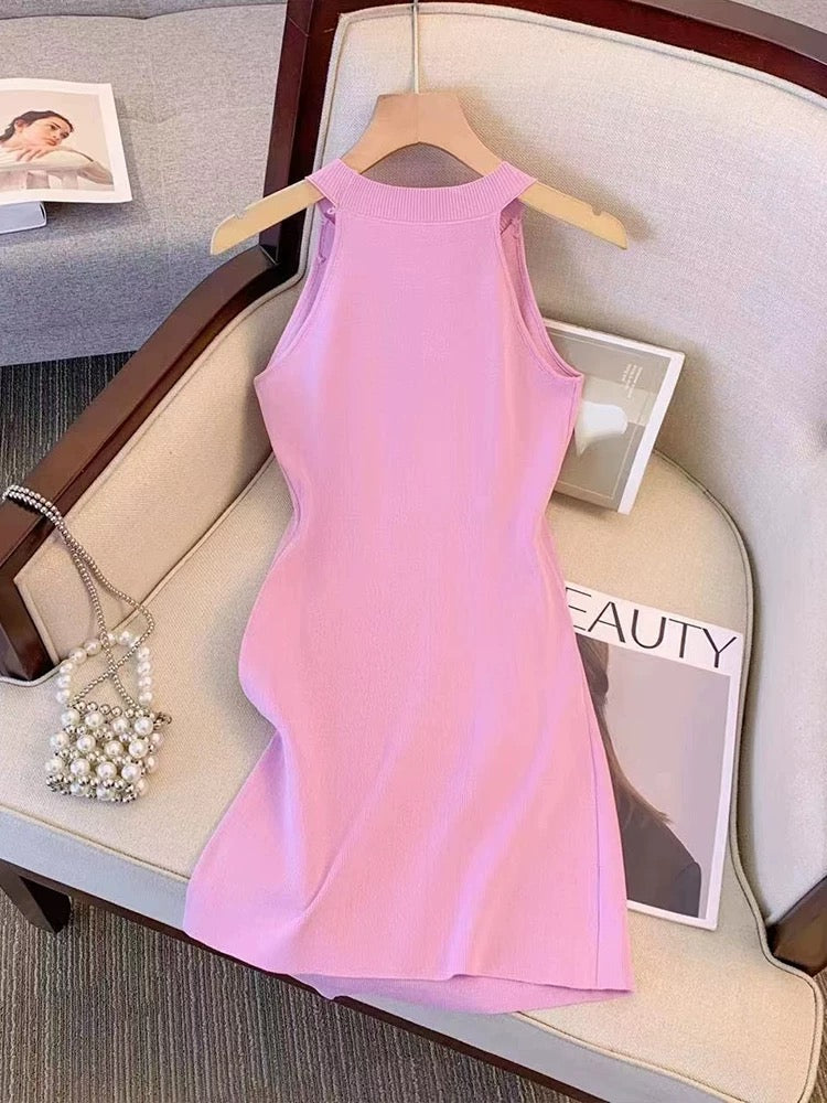 Discounted cut-off label single, sweet style, off-shoulder halter neck, irregular bevel design, sleeveless dress for summer women