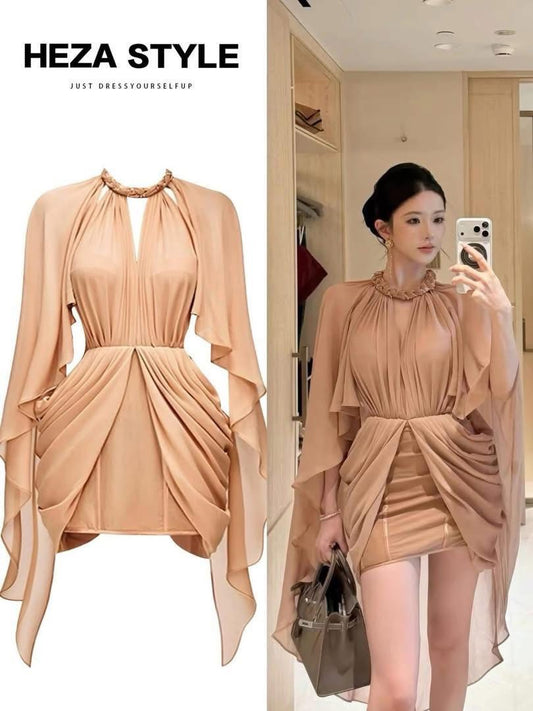 HEZA Plus Size Luxury French Woven Halter Neck Shawl Dress for Women, Winter Style, Elegant Pleated Mini Skirt