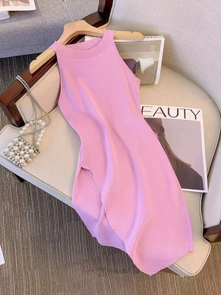 Discounted cut-off label single, sweet style, off-shoulder halter neck, irregular bevel design, sleeveless dress for summer women