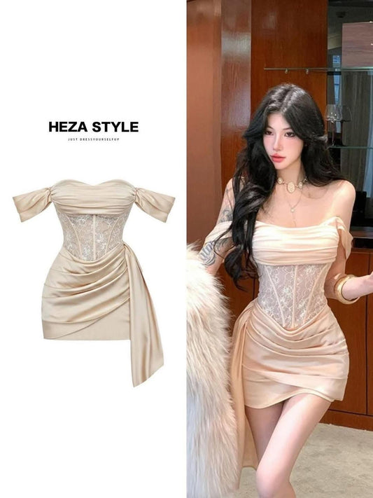 HEZA Plus Size Lace-Trimmed Off-Shoulder Strapless Dress - High-End Elegant Dress for Women, Fitted Waist