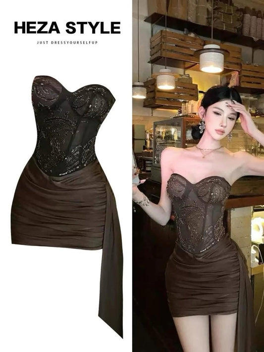 HEZA plus-size, sophisticated, heavy-duty lace fishtail strapless dress for women, summer style, elegant and slim fit, flowing ribbon dress.