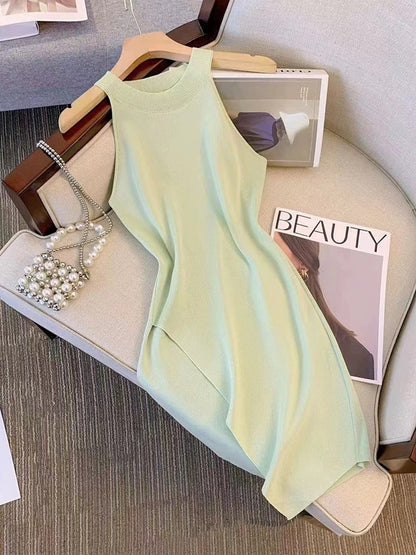 Discounted cut-off label single, sweet style, off-shoulder halter neck, irregular bevel design, sleeveless dress for summer women