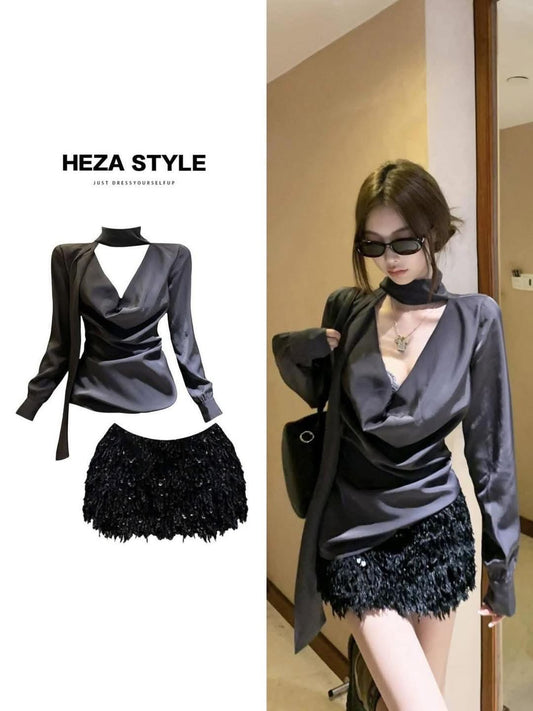 HEZA Plus-Size French-Style Sexy Satin Ruffled Collar Shirt and Sequined Skirt Set for Autumn