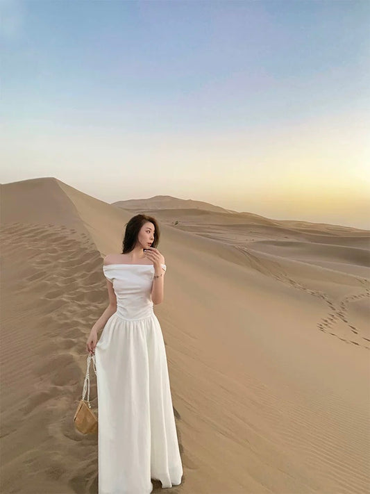 Tongse | Goddess Dress, Slim Covering Belly, Simple Daily Dress, Large A-Line Splicing Off-the-Shoulder Long Dress