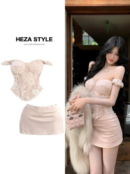HEZA Plus Size French Heavy Lace Fishbone Bandeau Top Women's Autumn/Winter Slim Fit Elegant Bodycon Skirt Set