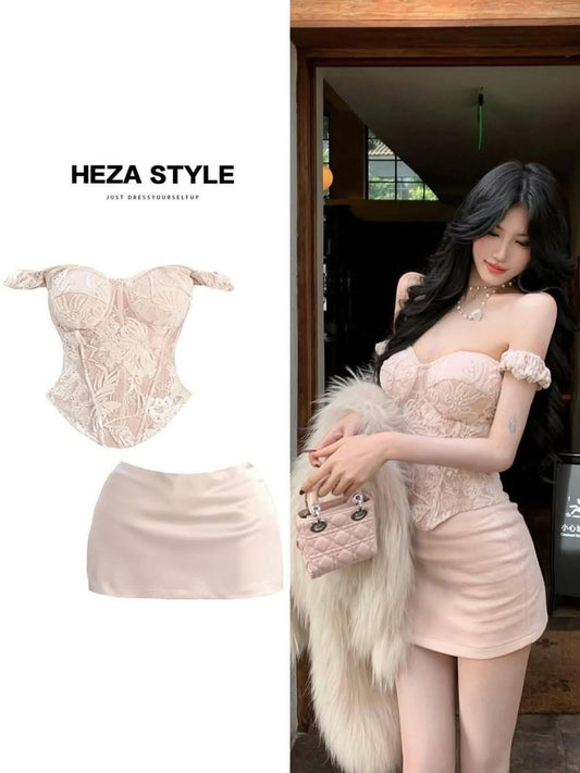 HEZA Plus Size French Heavy Lace Fishbone Bandeau Top Women's Autumn/Winter Slim Fit Elegant Bodycon Skirt Set