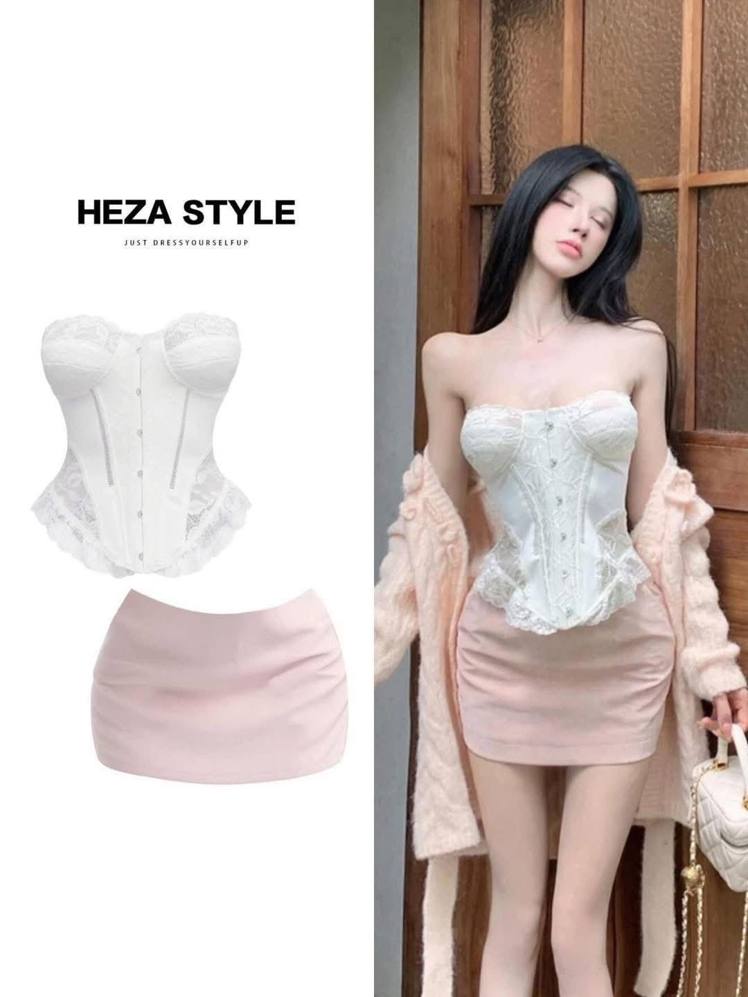 HEZA Plus Size High-End Lace Fishbone Bandeau Top Women's Autumn Chic Pink Bodycon Skirt Set
