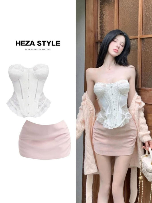 HEZA Plus Size High-End Lace Fishbone Bandeau Top Women's Autumn Chic Pink Bodycon Skirt Set