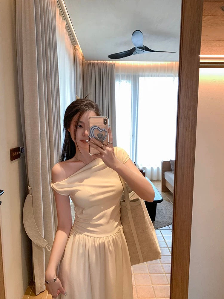 Tongse | Goddess Dress, Slim Covering Belly, Simple Daily Dress, Large A-Line Splicing Off-the-Shoulder Long Dress