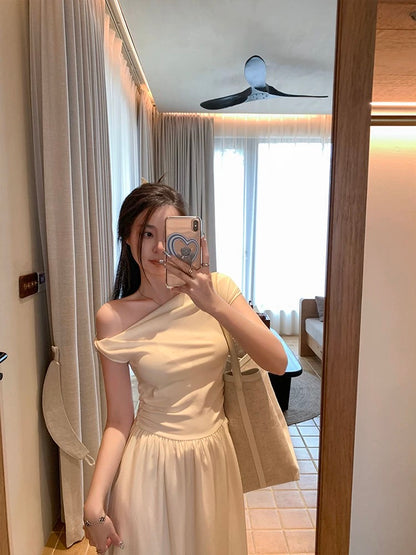 Tongse | Goddess Dress, Slim Covering Belly, Simple Daily Dress, Large A-Line Splicing Off-the-Shoulder Long Dress