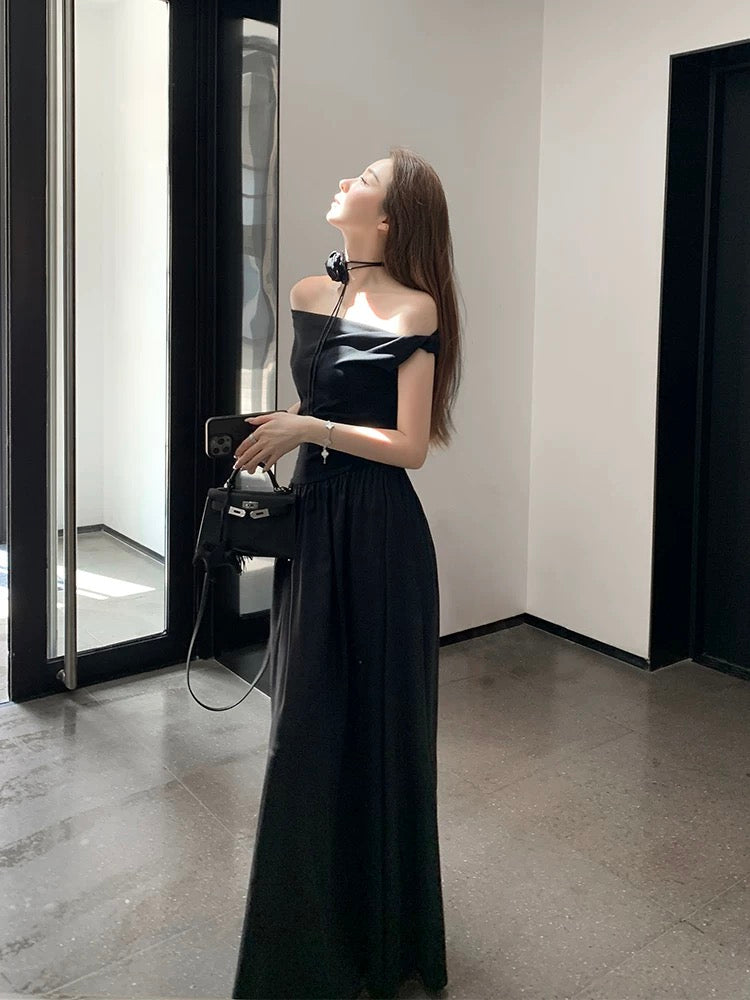Tongse | Goddess Dress, Slim Covering Belly, Simple Daily Dress, Large A-Line Splicing Off-the-Shoulder Long Dress