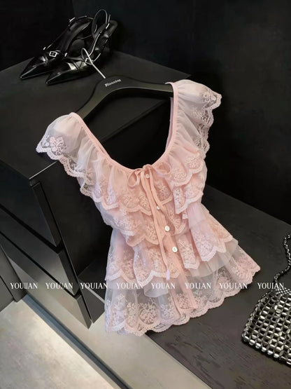 French chic and pretty V-neck ruffled lace trim chiffon cake tulle skirt/doll top for summer.