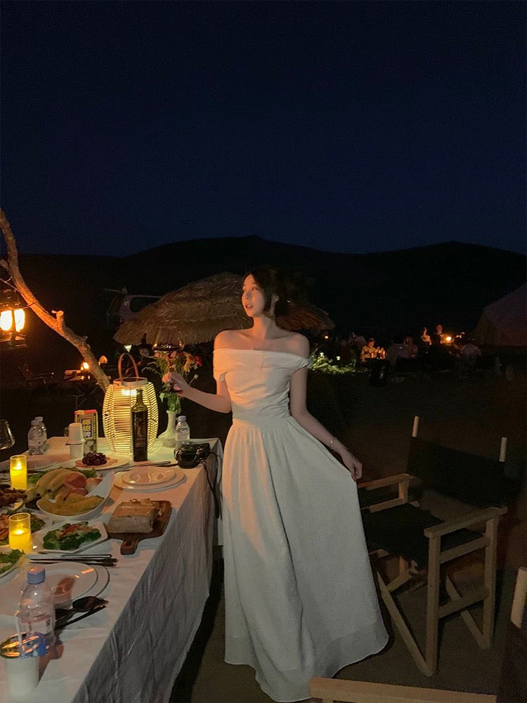 Tongse | Goddess Dress, Slim Covering Belly, Simple Daily Dress, Large A-Line Splicing Off-the-Shoulder Long Dress
