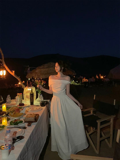 Tongse | Goddess Dress, Slim Covering Belly, Simple Daily Dress, Large A-Line Splicing Off-the-Shoulder Long Dress